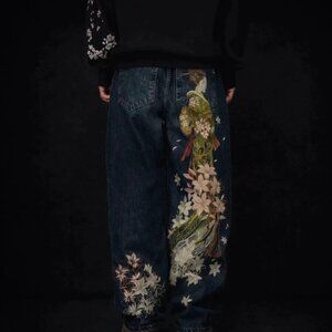 Women’s Y2K Floral Embroidered Baggy Jeans Wide Leg Denim